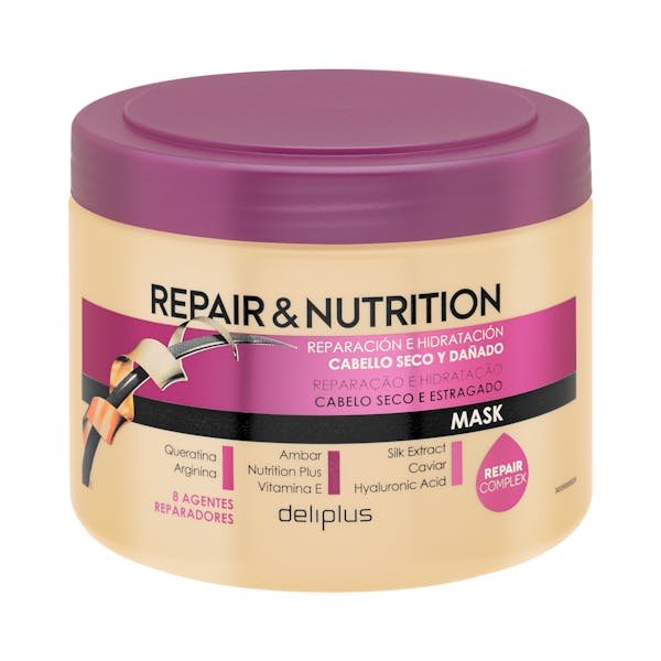 Plaukų kaukė „Deliplus Repair & Nutrition“ sausiems ir pažeistiems plaukams su 8 atkuriamosiomis medžiagomis